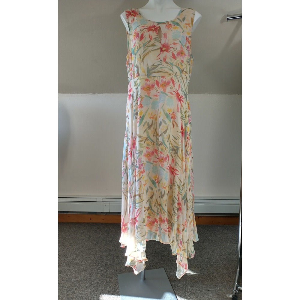 Sundance Boho Cottagecore Floral Watercolor Handkerchief Hem Rayon Midi Dress 16